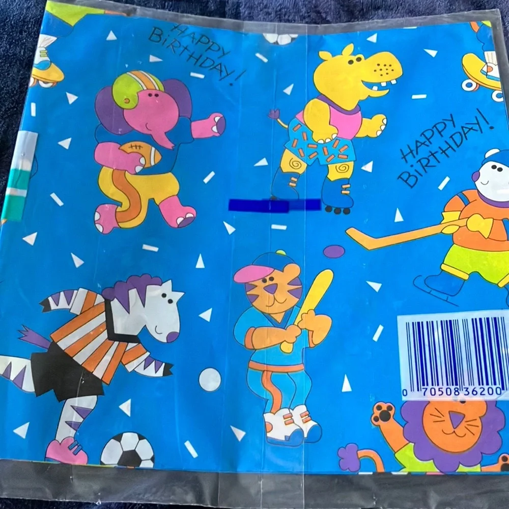 Vintage Cleo Blue Gift‎ Wrap with Animal Sports Theme -Sealed New Old Stock